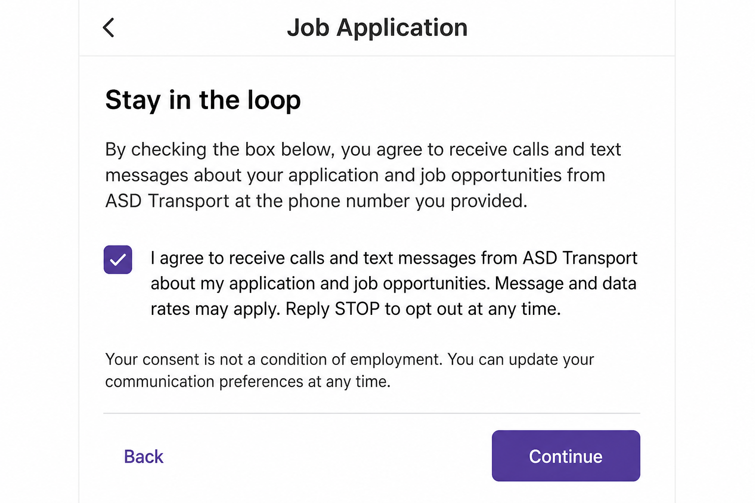 Screenshot of application consent checkbox